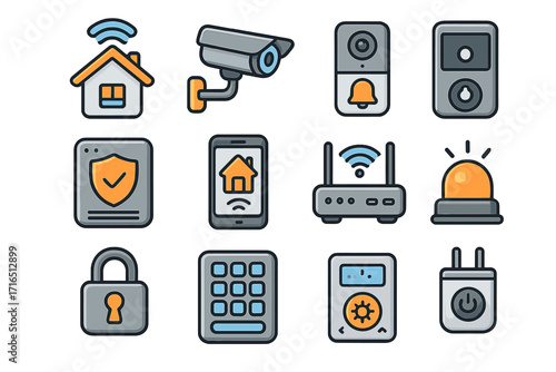 Smart home security automation vector icons. Cartoon style set features surveillance camera, wireless router, mobile app, lock, keypad, alarm, video doorbell, shield. Modern IoT safety technology.