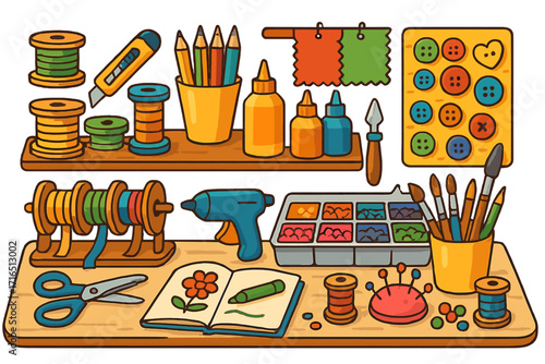 Vibrant cartoon illustration of crafting supplies and art tools. Creative DIY projects and handmade hobbies concept. Workshop desk with sewing, painting and drawing equipment.
