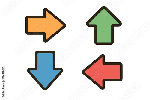 Four direction arrow icons set vector. Colorful geometric shapes. Right left up down arrows cartoon. Transparent background. Navigation pointer clipart. Outline style graphic element. Icon collection.