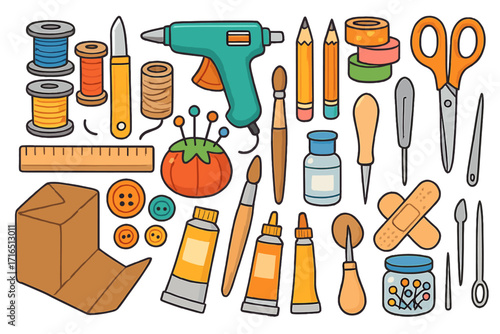 Craft tools and accessories big set for DIY projects. Vector cartoon illustration of handmade equipment. Art supplies for creativity and hobby. Sewing, painting, sculpting items.
