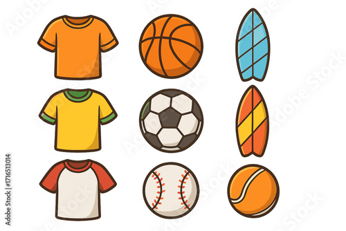Sports equipment vector icons set with cartoon shirts, basketball, soccer ball, baseball, tennis ball, colorful surfboards for athletic activities, fitness, beach and team sports concepts