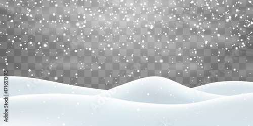 Vector heavy snowfall with snowbanks field. Snow landscape decoration, frozen hills isolated on png background. Snow flakes, snow and blizzard falling on snowdrifts. Christmas vector illustration