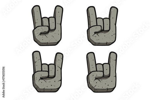 Granite stone rock sign hand symbol. Heavy metal gesture illustration. Horns up hand gesture. Cartoon vector icon. Flat style granite hand. Rock n roll emblem. Transparent PNG design set.
