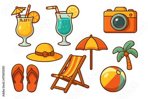 Summer beach vacation cartoon vector icons set with tropical drinks, flip-flops, sun hat, deck chair, umbrella, camera, palm tree, beach ball. Relaxation, travel, holiday accessories.