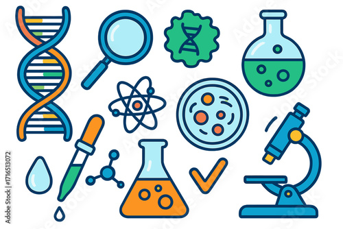 Science icon collection. Biotechnology, biology, chemistry, genetic research concepts. Vector set of lab equipment, DNA, microscope, atom, petri dish for medical analysis.