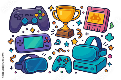 Video game doodle set. Gaming elements collection. E-sports competition concept. VR headset, controller, retro console and cartridge. Winner trophy award. Vector cartoon icon.