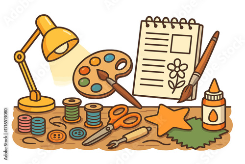Creative craft and art supplies on a desk. Vector workspace with paint, brush, sketchbook, scissors, thread, glue, and lamp. DIY hobby and handmade creativity concept.