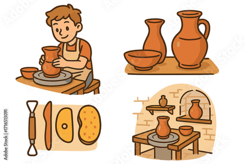 Pottery crafting collection. Man potter making clay pot on wheel. Handmade ceramics hobby. Art workshop with tools, vase, jug. Creative process vector cartoon illustration set.