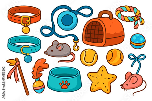 Pet supplies icon set. Cute cartoon vector collection of dog and cat accessories. Includes collar, leash, pet carrier, food bowl, rope and ball toys for a vet or pet shop.