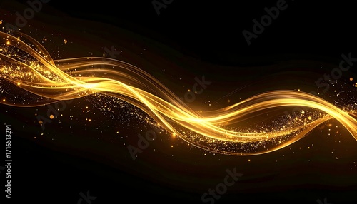 Glowing golden light streams, undulating across black, shimmering with particles, resembling energy waves