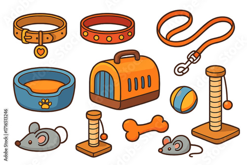 Pet shop accessories set for cat and dog care. Cute cartoon vector illustration collection with collar, leash, pet carrier, bed, and toys like bone, ball, and mouse. Animal supply icons.