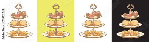 Vintage Hand-Drawn Dessert Stand Illustration – Elegant High Tea Cakes, Cupcakes, and Pastries Sketch