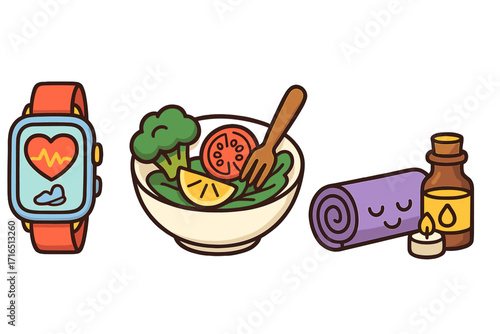 Health and wellness concept vector icons. Healthy lifestyle elements including fitness tracker watch, organic salad meal, and relaxation with yoga mat and aromatherapy oil.