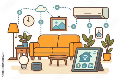 Smart home technology concept. Internet of Things (IoT). Living room with furniture and connected smart devices controlled by tablet. Home automation system vector illustration.