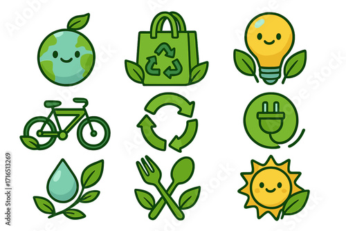 Cute eco friendly icon set. Green lifestyle and sustainability concept. Cartoon vector symbols for environmental awareness, recycling, conservation, solar energy, and Earth Day.