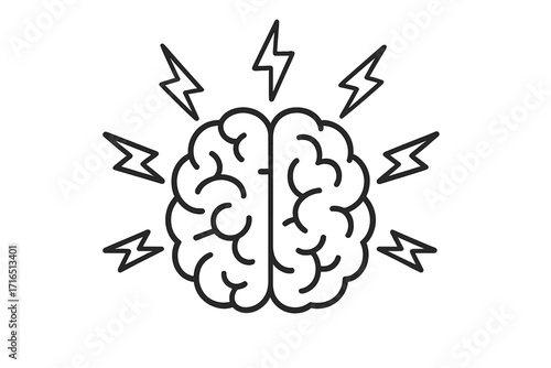 Brainstorming icon concept. Creative idea, mind power, and innovation symbol. Brain with lightning bolts. Thinking, inspiration, and knowledge vector illustration.