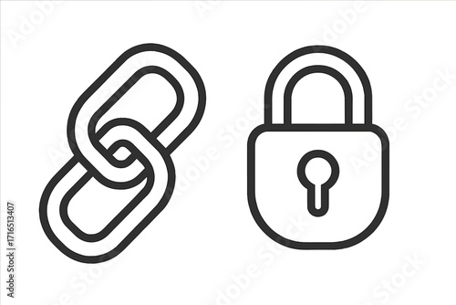 Chain link with padlock icon. Security, privacy, protection concept. Blockchain technology symbol. Secure connection, safety, data. Vector line art graphic illustration.