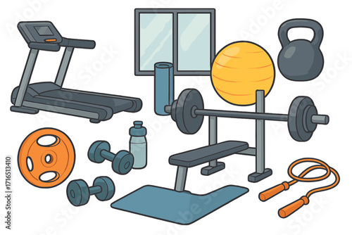 Gym equipment and fitness accessories set for workout and training. Vector cartoon illustration collection with treadmill, barbell, dumbbell, kettlebell for a healthy lifestyle.