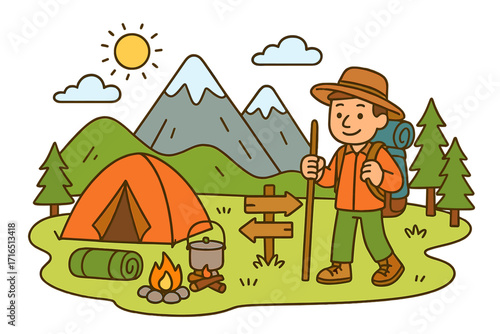 Man hiking in nature with camping gear near mountains. Outdoor adventure concept with backpacker, tent, and campfire. Summer travel, trekking and exploration illustration.