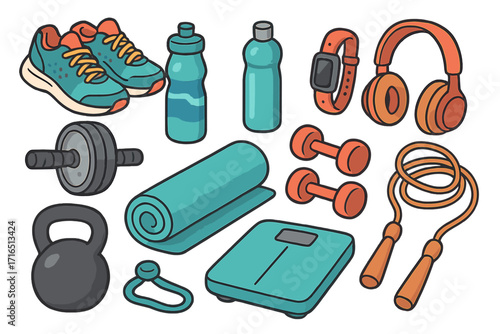 Fitness equipment and gym accessories set. Vector cartoon illustration of workout items. Dumbbell, kettlebell, jump rope, sneakers, yoga mat, scales for healthy lifestyle.
