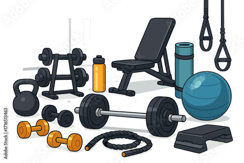Vector set of gym equipment for fitness and bodybuilding. Cartoon illustration of workout tools like dumbbell, barbell, kettlebell, bench, and fitball for strength training.