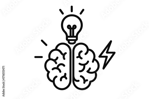 Brainstorm icon. Creative idea concept. Brain with light bulb and lightning bolt. Metaphor for innovation, solution, mind power, intelligence, thinking, inspiration.