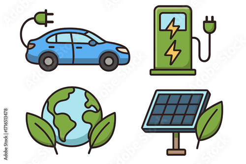 Electric car charging station icon set. Green energy and eco friendly transportation concept. Renewable power with solar panel. Sustainable technology vector illustration.