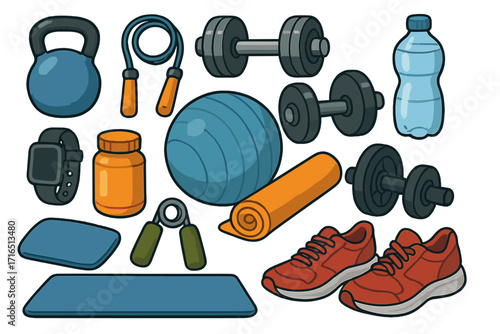 Fitness equipment and sport accessories for gym workout. Vector icons set. Dumbbell, kettlebell, yoga mat, jump rope, sneakers for training, wellness and healthy lifestyle.