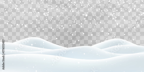 Vector heavy snowfall with snowbanks field. Snow landscape decoration, frozen hills isolated on png background. Snow flakes, snow and blizzard falling on snowdrifts. Christmas vector illustration