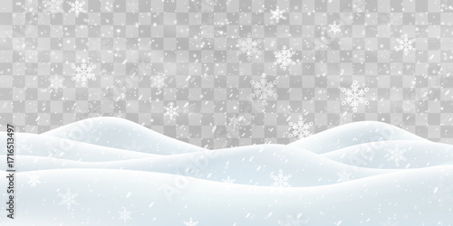 Vector heavy snowfall with snowbanks field. Snow landscape decoration, frozen hills isolated on png background. Snow flakes, snow and blizzard falling on snowdrifts. Christmas vector illustration
