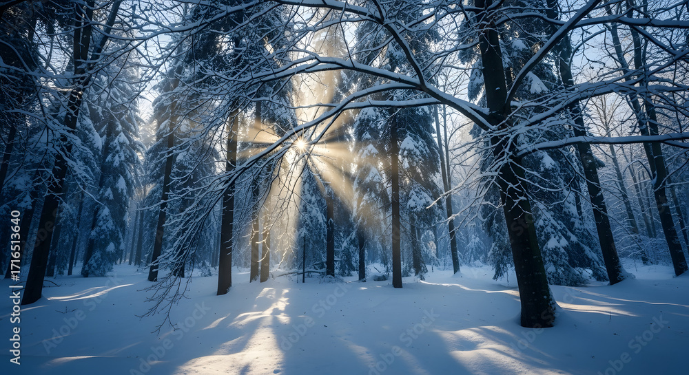 Naklejka premium Sunlight streams through snow-covered trees in a serene winter forest.