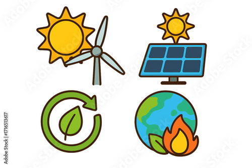 Renewable energy icon set. Vector cartoon illustration. Solar panel, wind turbine, sun power. Recycle symbol, global warming, climate change concept. Eco friendly design.