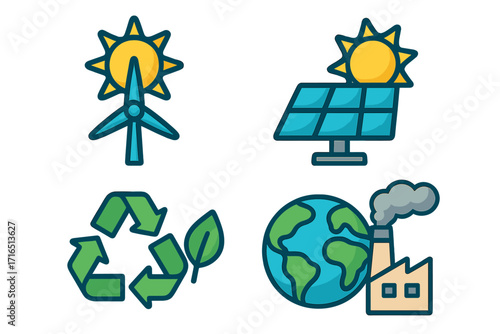 Renewable energy icon set. Solar panel and wind turbine for green power. Recycle symbol for sustainability. Earth pollution from factory smoke. Vector cartoon illustration.