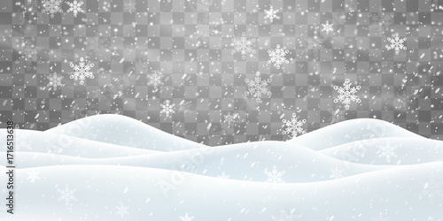 Vector heavy snowfall with snowbanks field. Snow landscape decoration, frozen hills isolated on png background. Snow flakes, snow and blizzard falling on snowdrifts. Christmas vector illustration