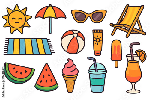 Summer beach vacation icon set. Cute cartoon vector illustration collection with sun, umbrella, sunglasses, deck chair, ball, sunscreen, ice cream, watermelon, and cocktail.
