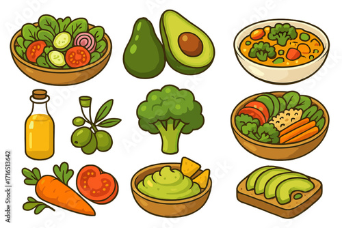 Healthy food illustration set. Vector cartoon collection of vegan and vegetarian meals. Plant-based diet ingredients like avocado, broccoli, salad, olives and guacamole.