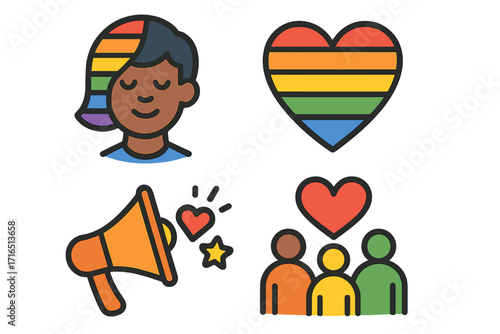 LGBTQ pride icon set with rainbow flag heart and diverse community. Gay rights, love, and support symbols. Vector for pride month, protest, and inclusion concepts.