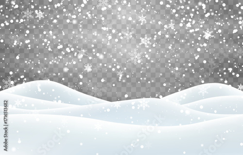 Vector heavy snowfall with snowbanks field. Snow landscape decoration, frozen hills isolated on png background. Snow flakes, snow and blizzard falling on snowdrifts. Christmas vector illustration