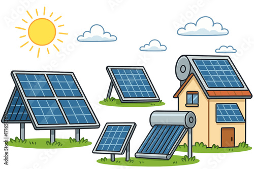 Solar energy systems vector illustration with cartoon house solar panels, solar water heater, photovoltaic arrays, clean energy concept, bright sunny environment, eco-friendly renewable technology