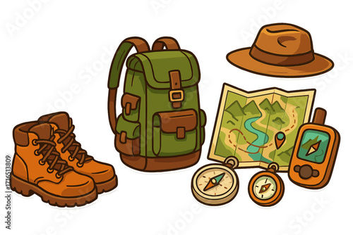 Outdoor adventure gear set for hiking and exploration. Camping essentials, backpacking equipment with boots, backpack, and navigation tools like map, compass, and GPS.