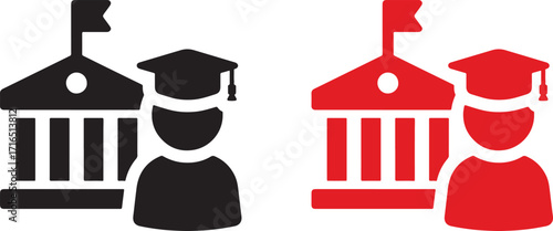 icon, symbol, graphic, design, illustration, silhouette, graduation, cap, mortarboard, building, university, college, school, education, learning, knowledge, student, academic, achievement, success, d