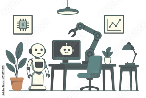AI in the workplace. Office automation with humanoid robot and robotic arm. Future technology, innovation, business productivity. Modern vector cartoon flat illustration.