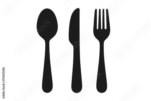 Black Silhouette Tableware Cutlery Set Icon, Spoon Knife Fork Vector Illustration, Restaurant Kitchen Utensil Clipart, Dining Tool Silhouette, Transparent Background, Food Service Concept Image
