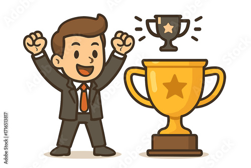 Business success concept with happy businessman character celebrating. Employee gets a gold trophy award for achievement and victory. Winner manager wins a competition. First place prize.