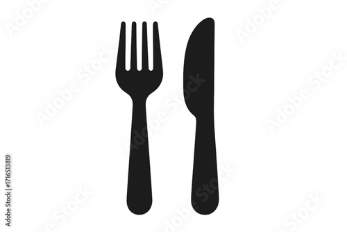 Black silhouette fork and knife icon for restaurant, dining, cafe, menu, food court, kitchen, meal, cutlery, catering, eatery, utensil, bistro, modern vector on transparent background