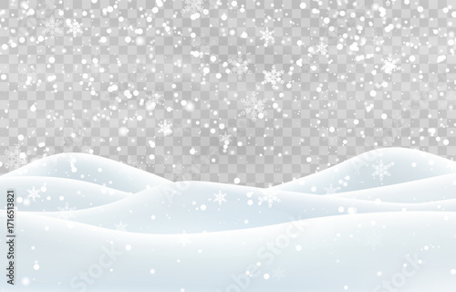 Vector heavy snowfall with snowbanks field. Snow landscape decoration, frozen hills isolated on png background. Snow flakes, snow and blizzard falling on snowdrifts. Christmas vector illustration