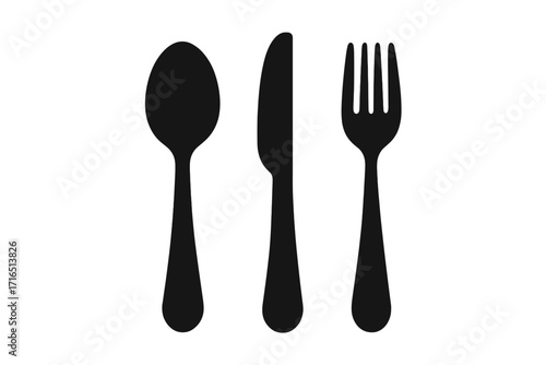 Black silhouette cutlery set vector icon. Spoon, knife, and fork in cartoon style illustration. Modern tableware design isolated on transparent background for restaurant kitchen menu decor concept.