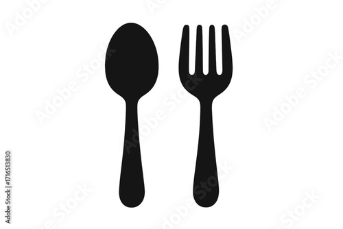 Spoon and fork black silhouette icon, vector illustration, tableware utensils set, kitchen dining cutlery symbols, simple cartoon style, isolated on transparent background, restaurant and food concept