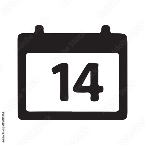 Simple black and white icon representing a calendar page with the number fourteen prominently displayed