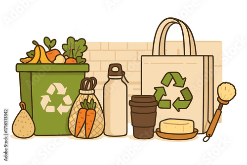 Zero waste items for sustainable living. Eco-friendly kitchen set with compost bin for food scraps, reusable bag, bottle, and coffee cup. Recycling concept vector illustration.